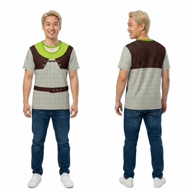 Camiseta Adulto Fantasia Ogro Shrek Frente e Costas