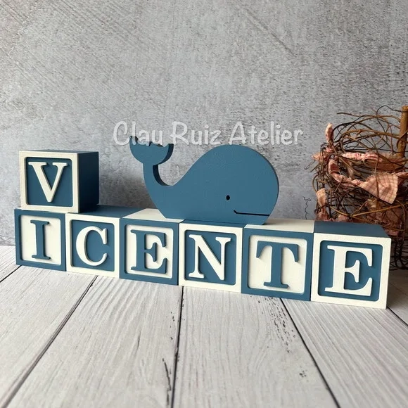 Baleia + Cubos 6x6cm Ts Decoração Bebê Fundo do Mar