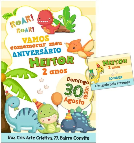 Convite Digital C/tag Dinossauro Cute 3