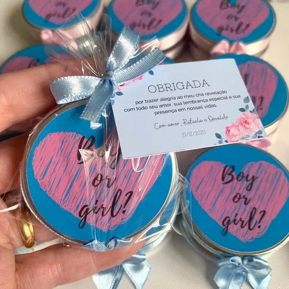 Lembrancinha chá Revelação sexo do bebê Vela Aromática