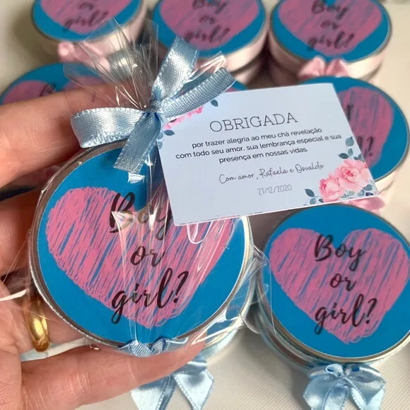 Lembrancinha chá Revelação sexo do bebê Vela Aromática