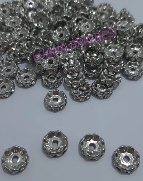 Rondela de Metal Prateado com Strass - 10mm - pct c/ 10 unid