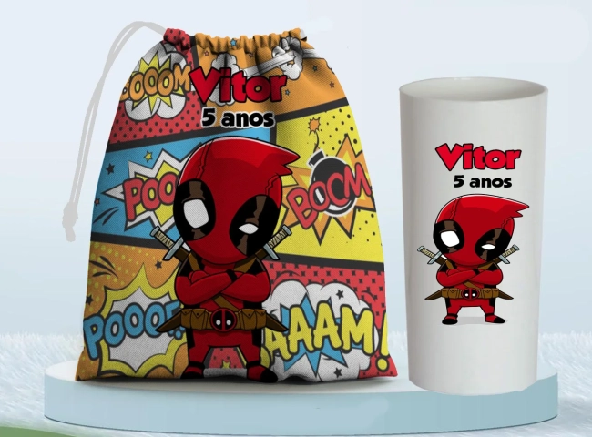 Kit Saquinho Surpresa e Copo Long Drink Personalizado Deadpool