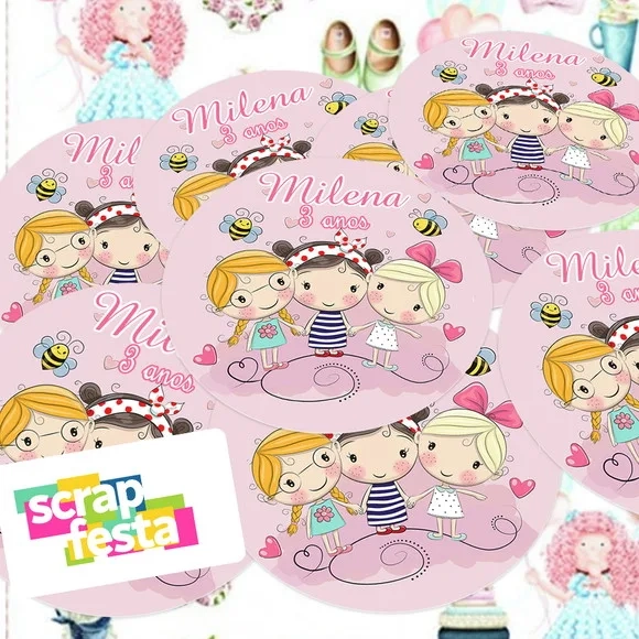 Adesivo 5 cm Redondo Personalizado Festa Bonecas
