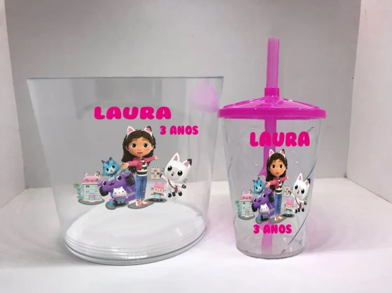 Kit Balde de Pipoca acrilico + Copo twister Personalizado Casa Mágica da Gabby