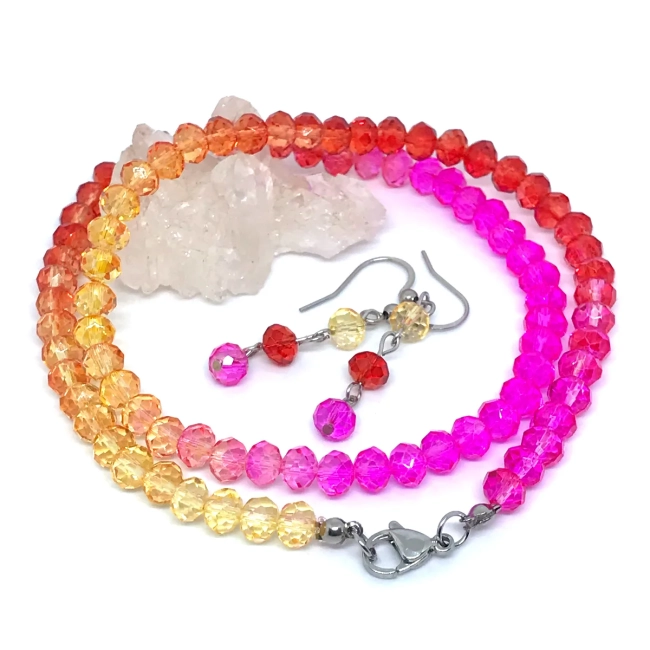 Conjunto Colar e Brincos Cristal Facetado Tie Dye e Aço Inox