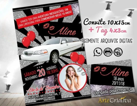 CONVITE DIGITAL C/TAG Festa Limousine Prata Preto