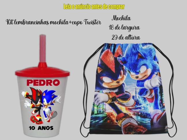 Kit Mochila e Copo Twister personalizado do Sonic