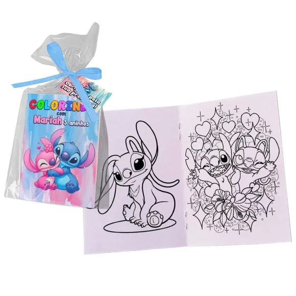 Mini Revistinha Stitch e Angel para Colorir com Giz de Cera
