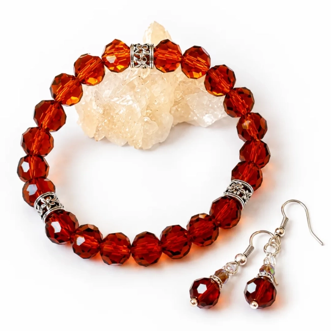 Conjunto Pulseira e Brincos de Cristal Facetado ajustável