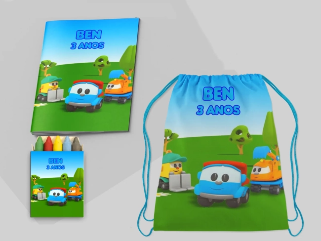 Kit Mochila e Revista de colorir para lembrancinhas Léo o Caminhão