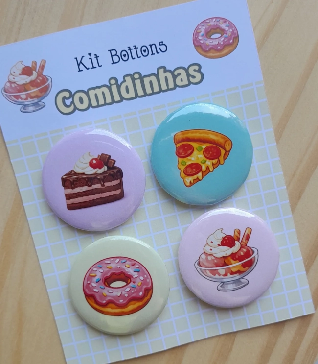 Cartela c/ 04 Bottons Tema Comidinhas