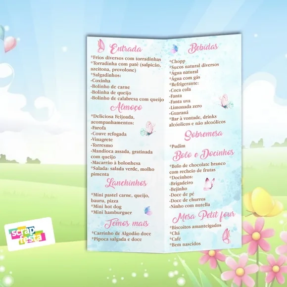 Menu Cardápio Personalizado Jardim Encantado Borboleta