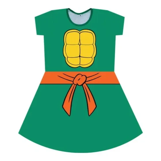 Vestido Infantil Fantasia Tartaruga Feminino Frente e Costas