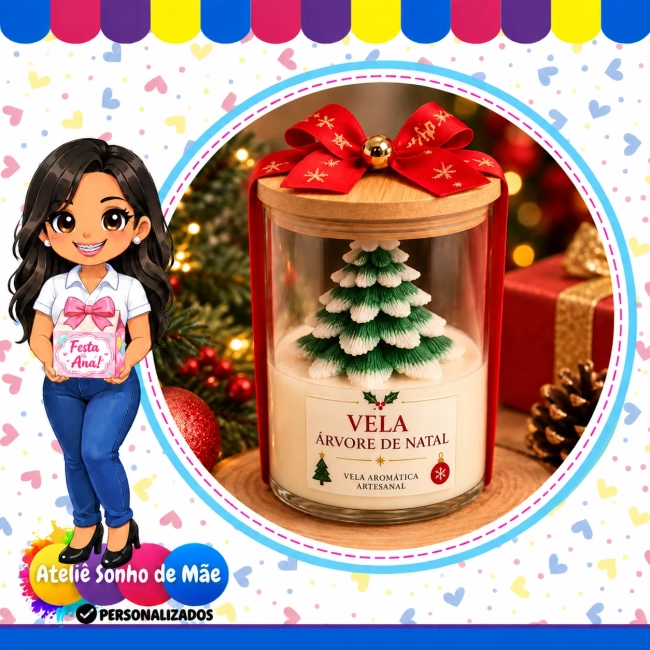 Vela Aromática Árvore de Natal em Pote de Vidro com Tampa de Madeira – Presente Natalino