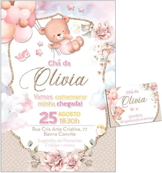 Convite Digital C/tag Chá de Bebê Menina Ursinho Bexiga 2