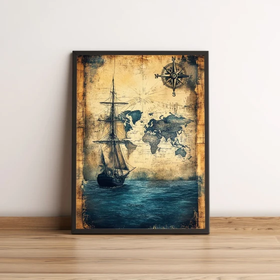 Quadro Mapa Antigo com Navio e Rosa dos Ventos 2578