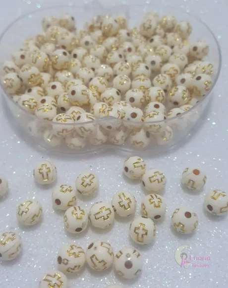 Bolinha Creme com Cruz Dourada 8mm Pct 100 Unidades