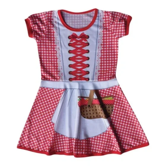 Vestido Infantil Fantasia Camponesa de Contos de Fadas Xadrez Vermelho com Avental e Cesta