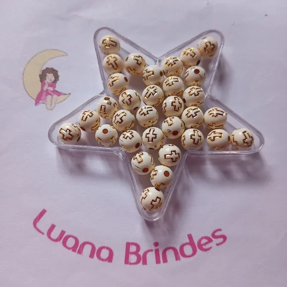 Bolinha Creme com Cruz Dourada 8mm Pct 100 Unidades