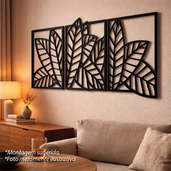 Trio Quadros Decorativos Vazados Folhagem 3d Preto mdf