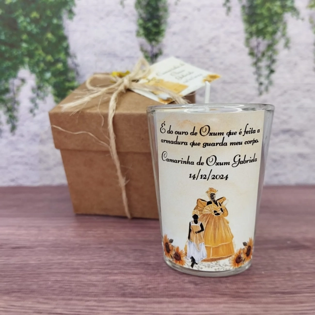 25 Unidades Vela Aromática no Copo Personalizada Orixá Oxum - TRABALHAMOS COM QUALQUER TEMA