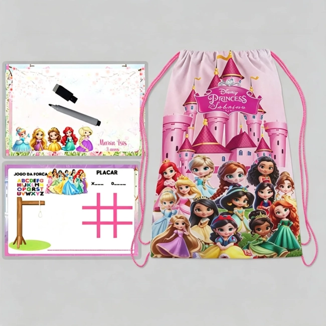Kit Mochilinha e Lousa Magica personalizada para lembrancinhas das Princesas