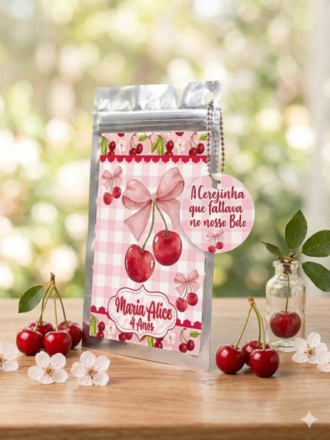 Saquinho Metalizado ziplock cerejinha lembrancinhas festa aniversario infantil Personalizado