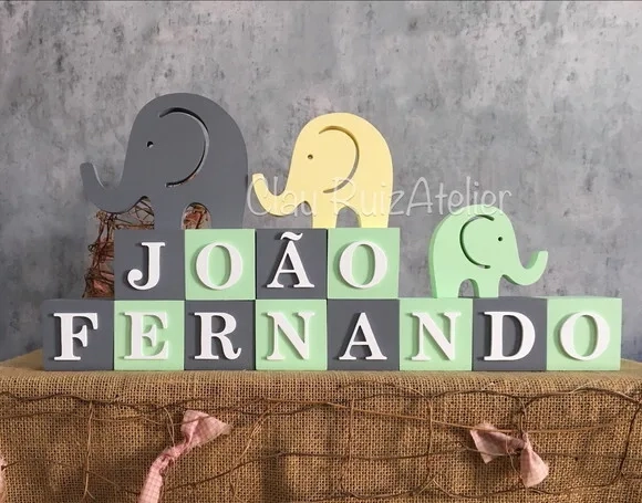 Cubos Decorativos Personalizados de MDF para Quarto de Bebê - Tema Elefantinho