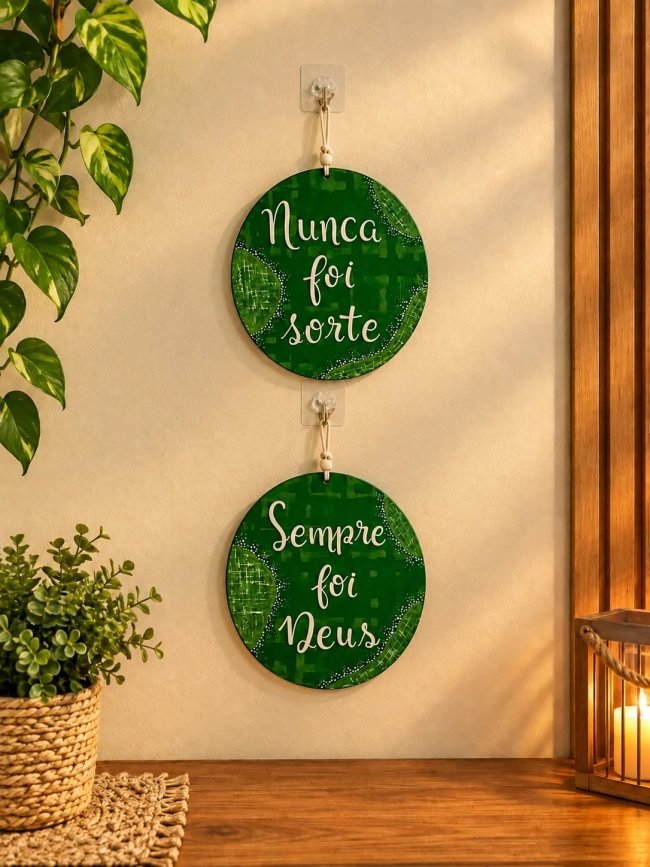 Kit 2 Placas Decorativas Parede MDF Nunca Foi Sorte Sempre Foi Deus 20cm