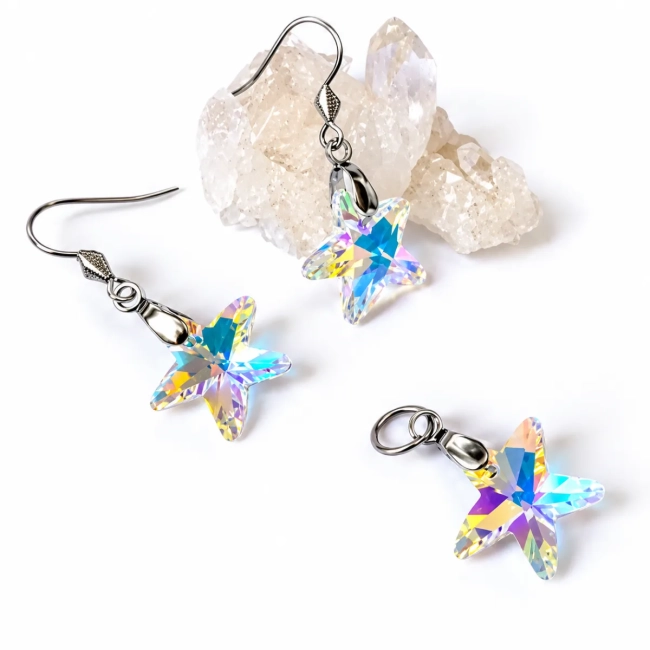 Conjunto Brinco e Pingente estrela do mar de Cristal Aço Inox Hipoalergênico