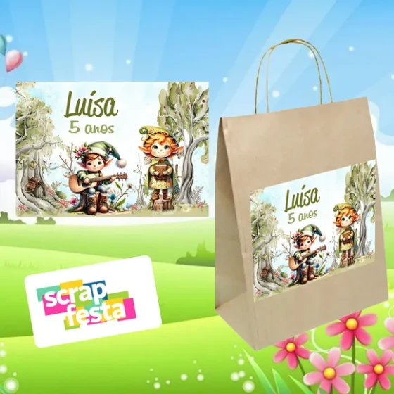 Sacola Papel Pardo Bosque Floresta Encantado Gnomos Aquarela
