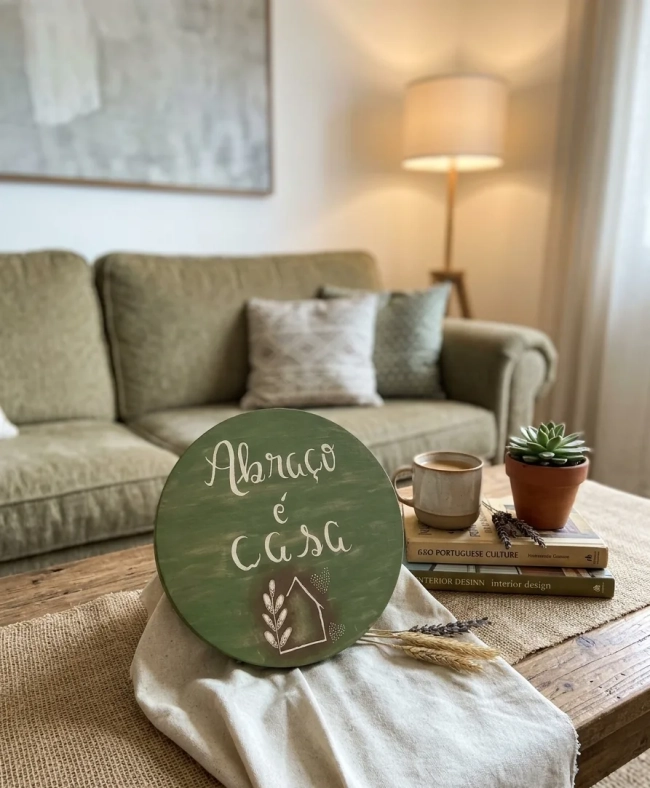 Placa Decorativa de Mesa Madeira Pinus Abraço é Casa 20cm