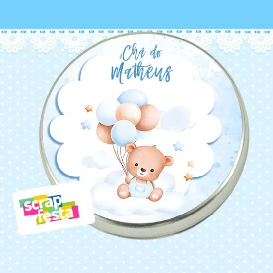 Latinha Personalizada Chá Bebê Menino Urso Balões Aquarela