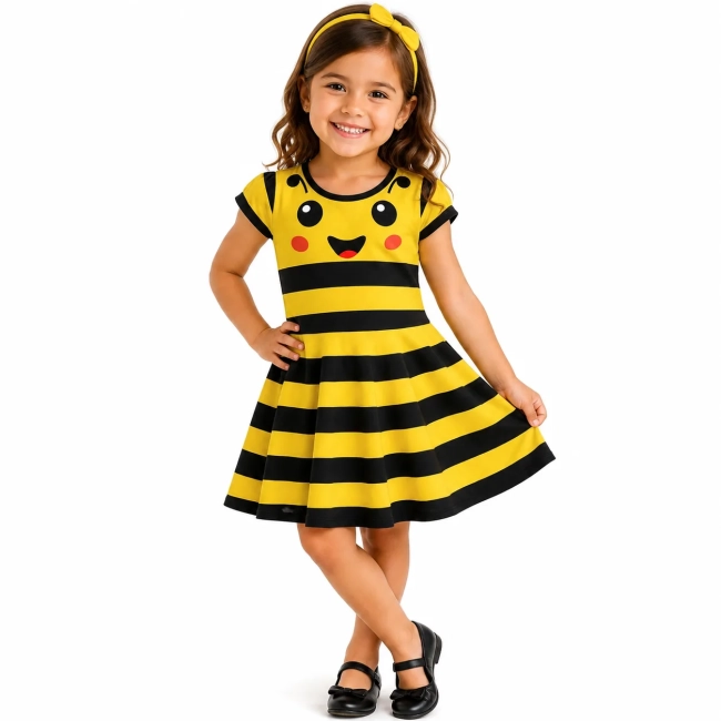 Vestido Infantil Fantasia Abelhinha Listrado Amarelo e Preto com Carinha
