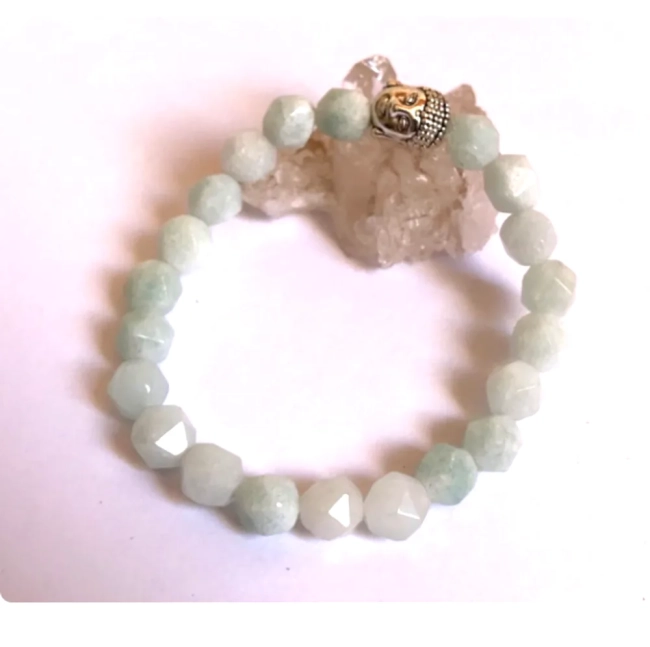 Pulseira Japamala 21 Contas Água Marinha Leitosa Facetada com Buda
