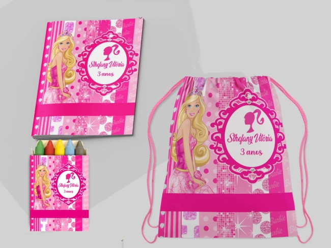 Kit Mochila e Revista de colorir para lembrancinhas da Barbie