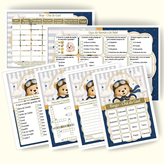 Kit 4 Brincadeiras Chá de Brincadeiras para Imprimir PDF Personalizado