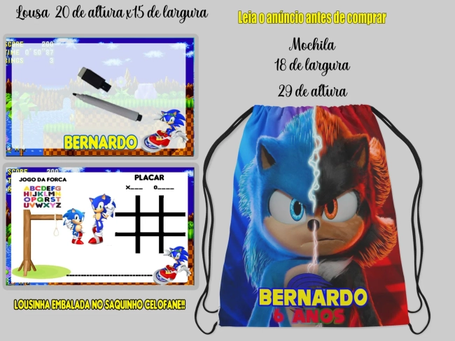 Kit Mochilinha e Lousa Magica Personalizada para lembrancinhas do Sonic
