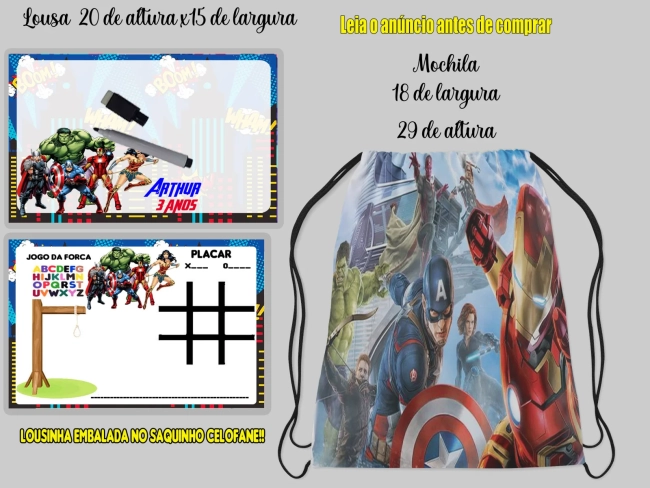 Kit Mochilinha e Lousa Magica para festa de aniversario dos Vingadores