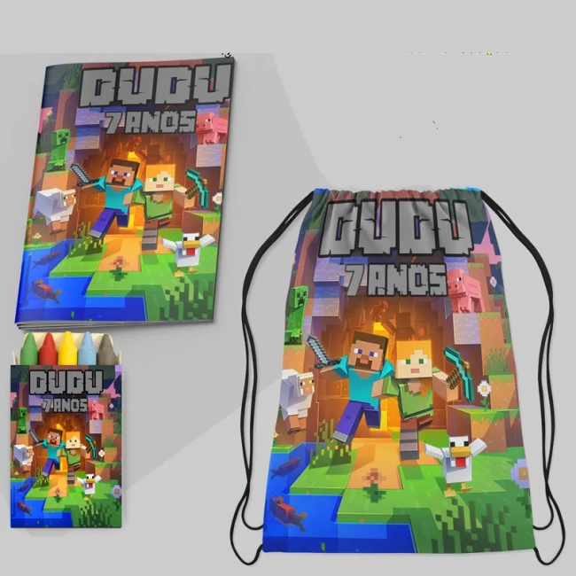 Kit Mochila e Revista de colorir para lembrancinha do Minecraft