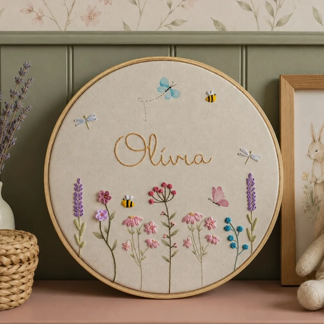 Porta Maternidade Jardim com Nome, Flores e Borboletas | Bordado e Aquarela