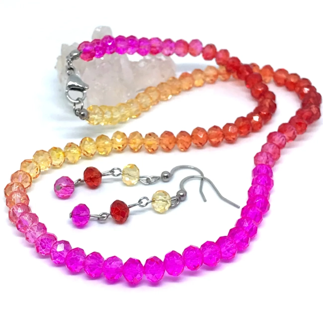 Conjunto Colar e Brincos Cristal Facetado Tie Dye e Aço Inox
