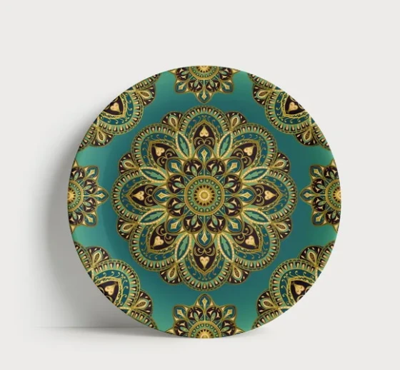 Prato Decorativo Mandala Turquesa e Dourado - Porcelana 21cm