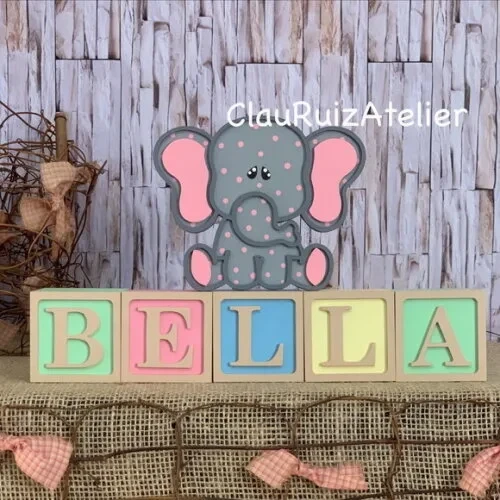 Decoração Bebê - Cubos 6x6cm Ts + Elefantinha Pi