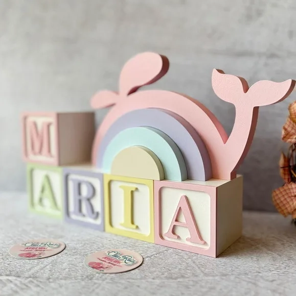 Baleia + Cubos 6x6cm Ts Decoração Bebê Fundo do Mar