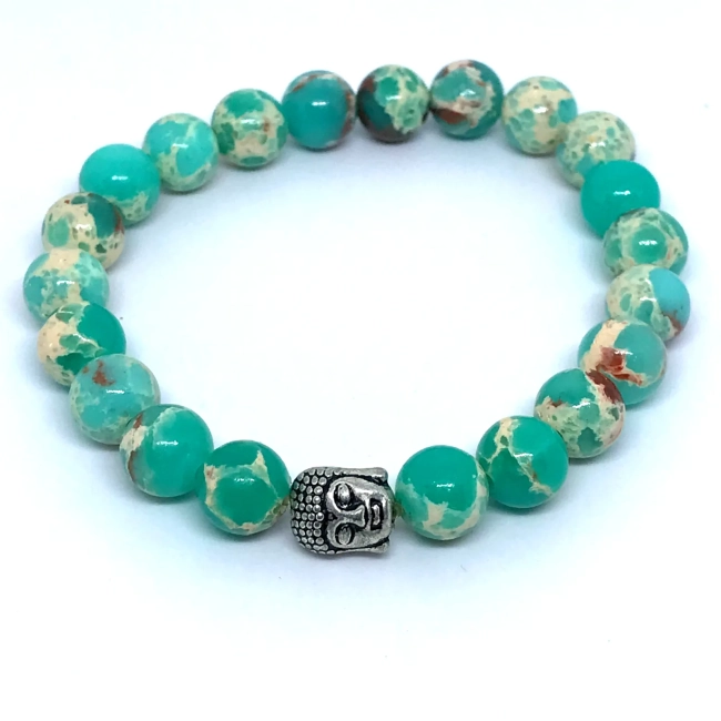 Pulseira em Pedras Jaspe Imperial Verde Agua com entremeio Buda prateado