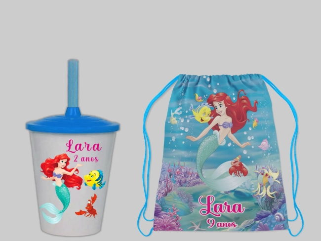Kit Mochila e Copo Twister personalizado da Sereia Ariel