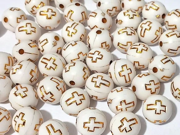 Bolinha Creme com Cruz Dourada 10mm 50 Unidades