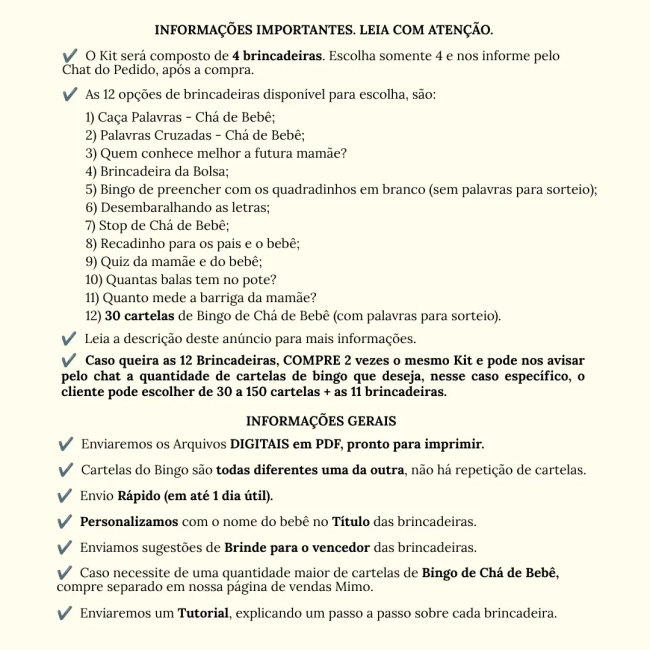 Kit 4 Brincadeiras Chá de Brincadeiras para Imprimir PDF Personalizado